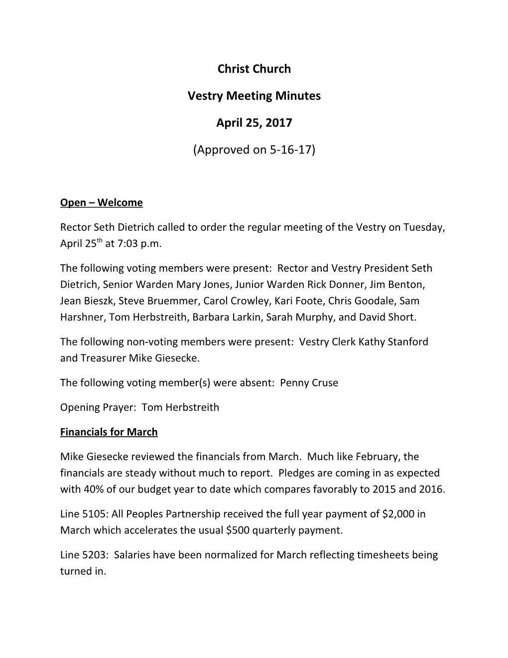 Vestry Meeting Minutes