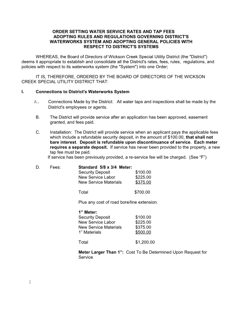 Order Setting Water Service Rates and Tap Fees