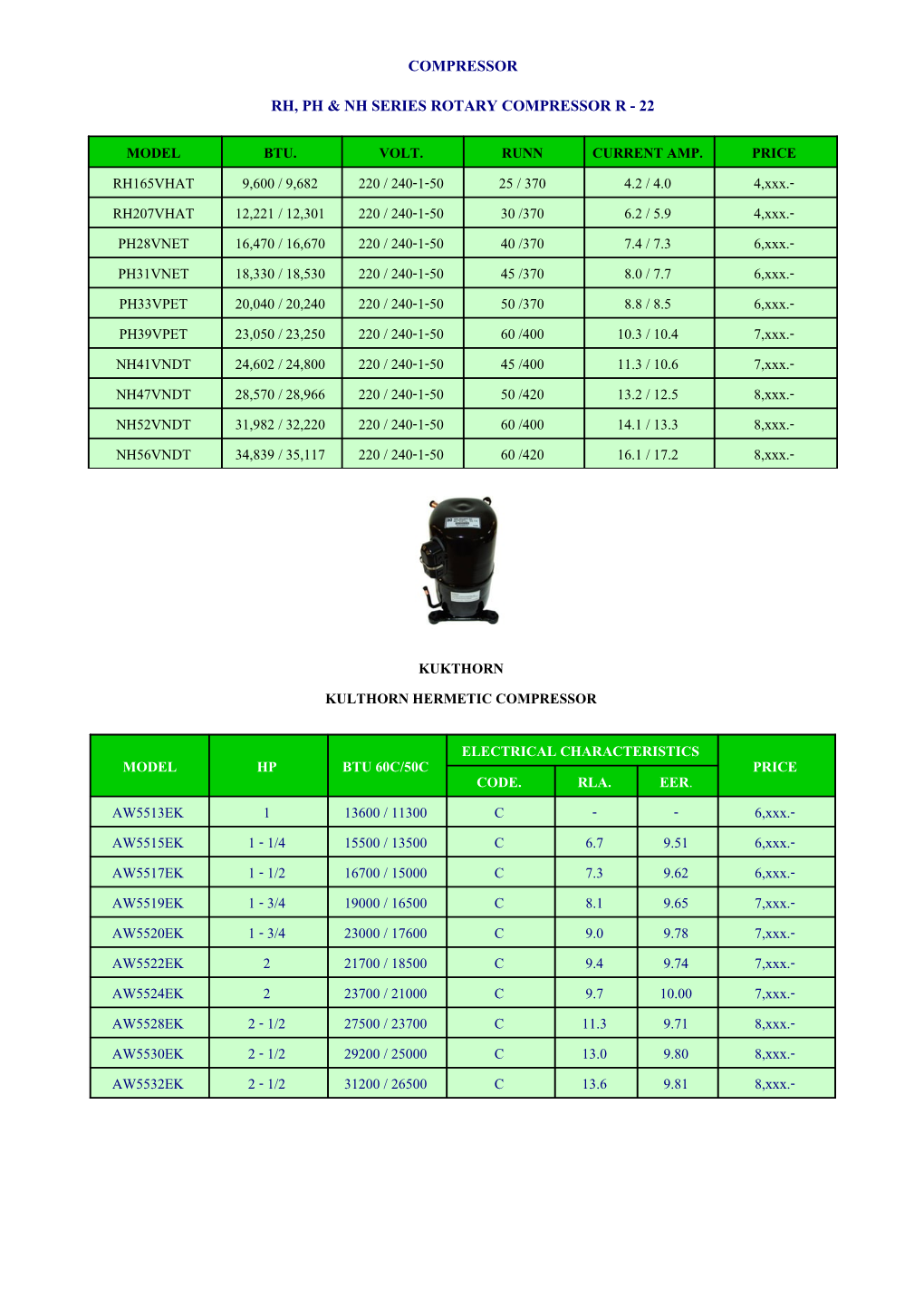 Rh, Ph & Nh Series Rotary Compressor R - 22