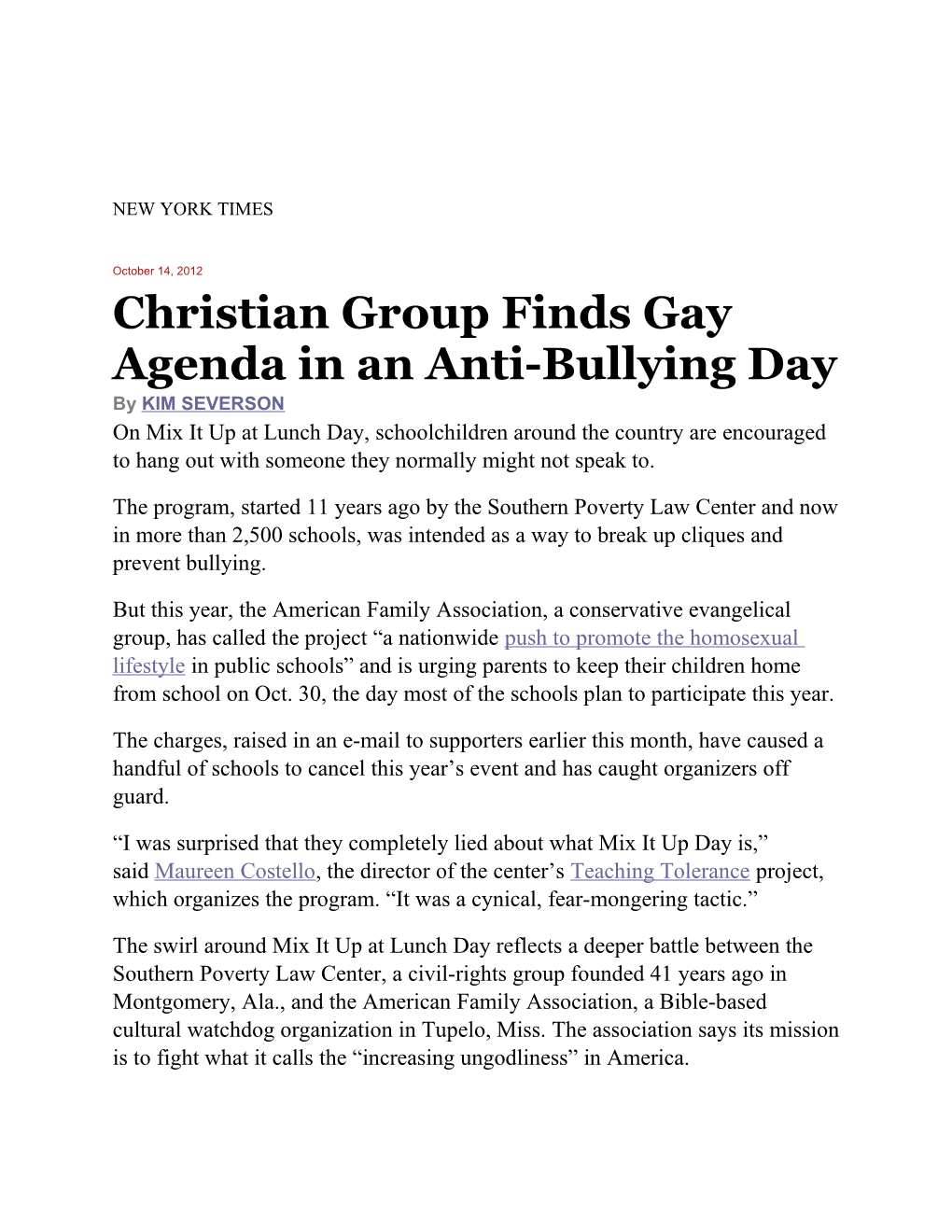 Christian Group Finds Gay Agenda in an Anti-Bullying Day