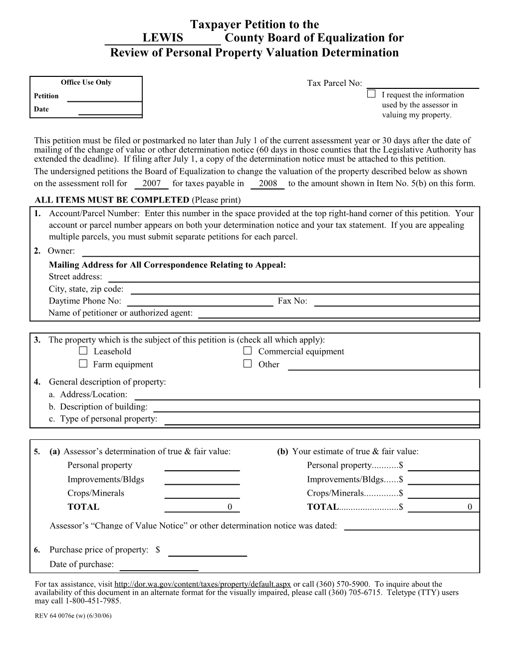 Taxpayer Petition to the County Board of Equalization for Review of Personal Property Valuation