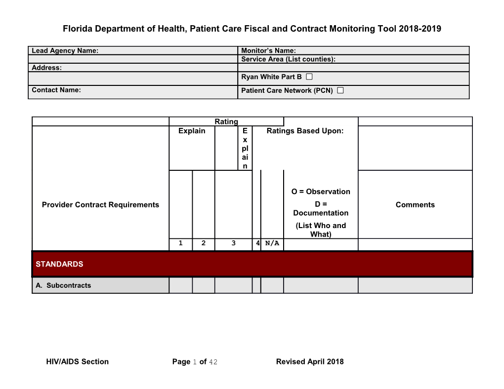 Florida Department of Health, Patient Care Fiscal and Contract Monitoring Tool 2018-2019