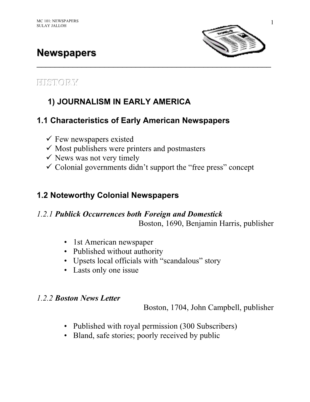 1.1 Characteristics of Early American Newspapers