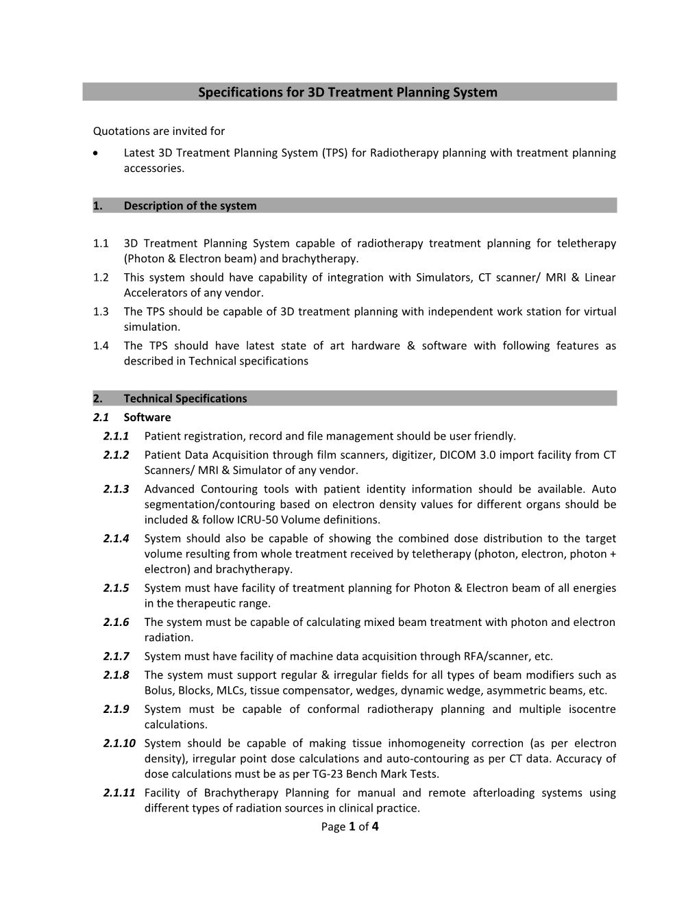 Specifications for 3D Treatment Planning System