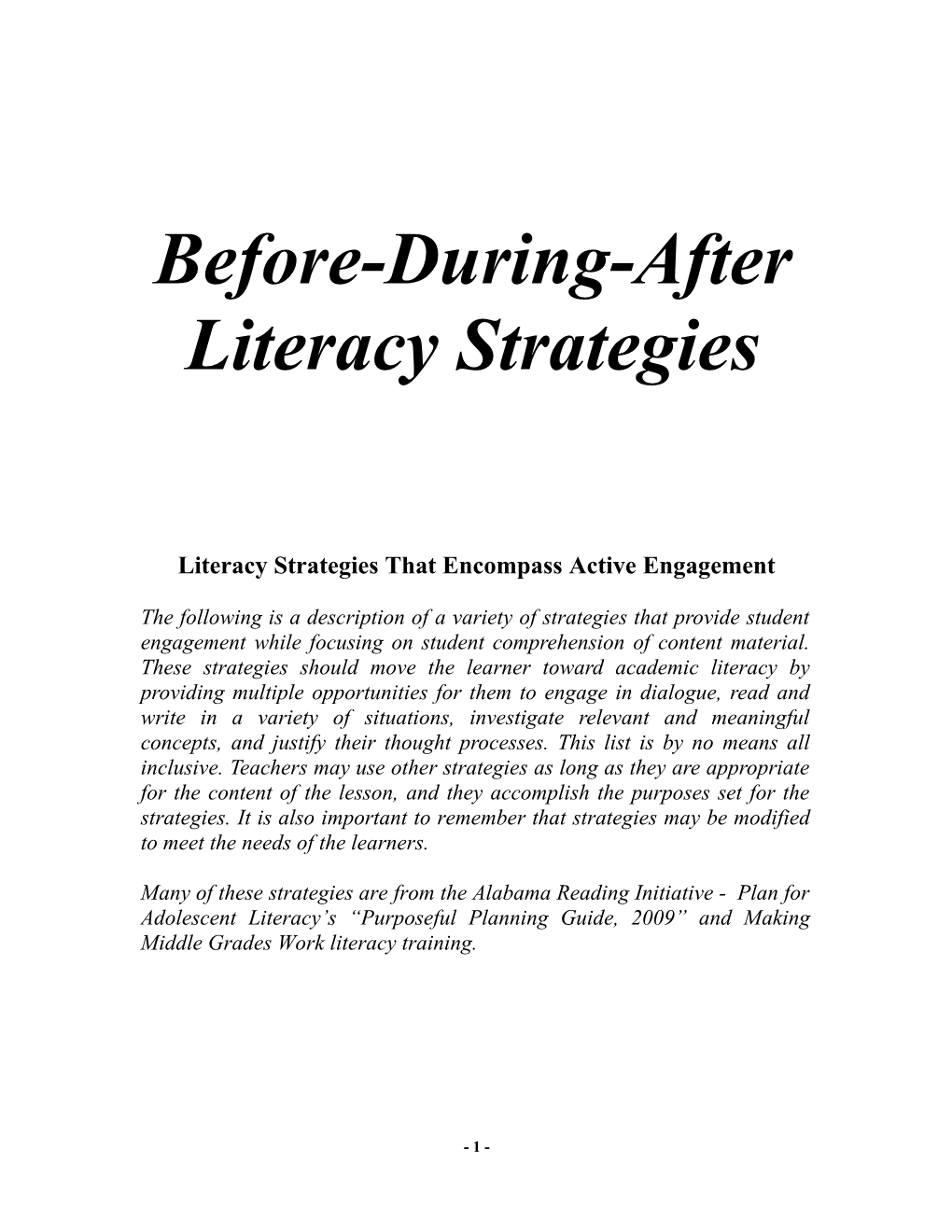 Before-During-After Literacy Strategies