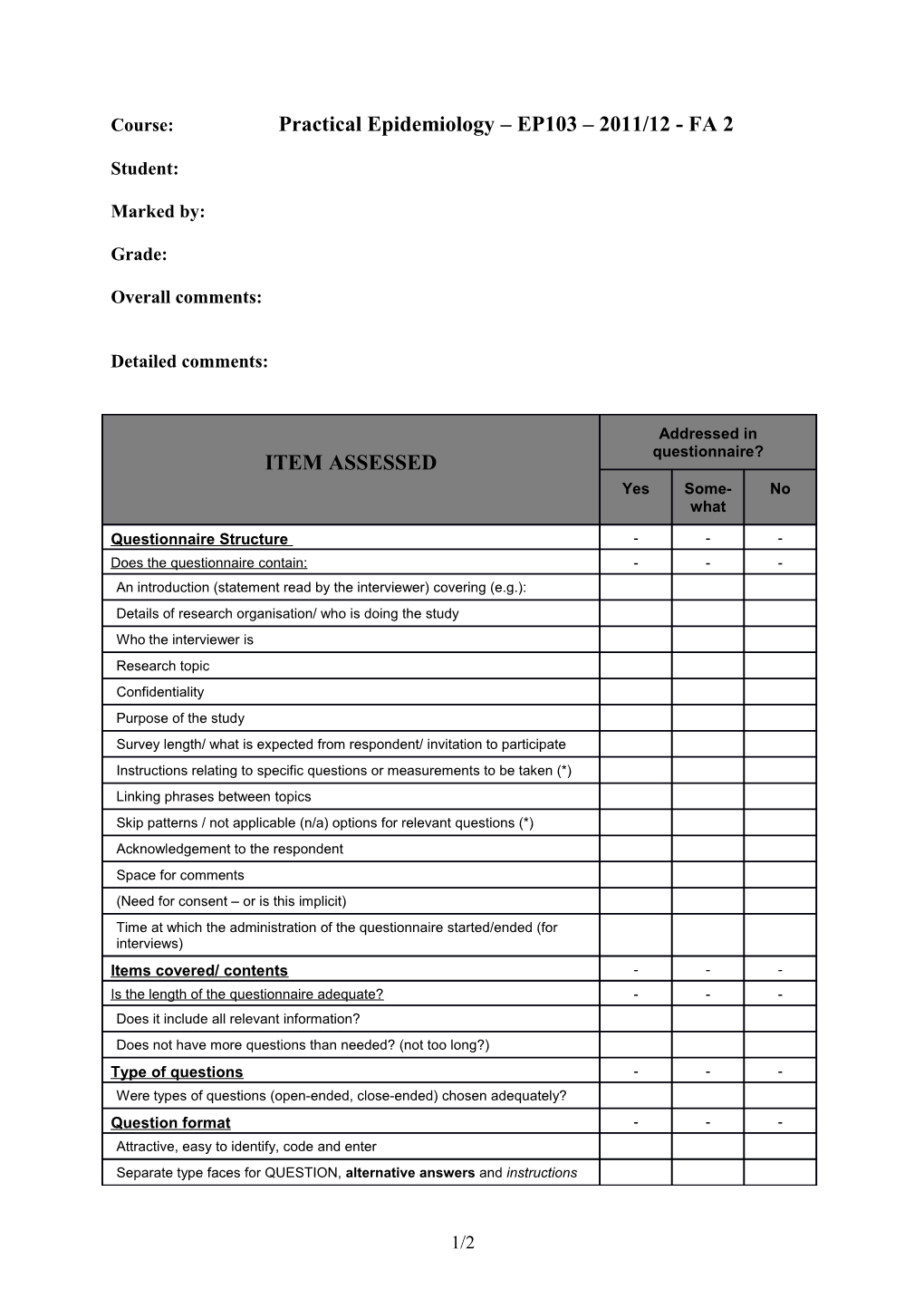 Course: Practical Epidemiology EP103 2011/12 - FA 2