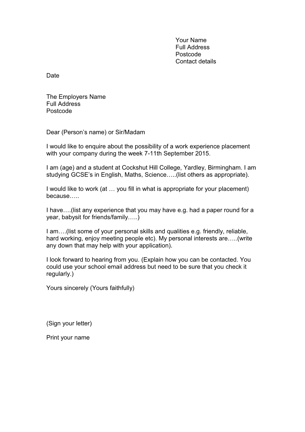 Sample Letter for Work Experience