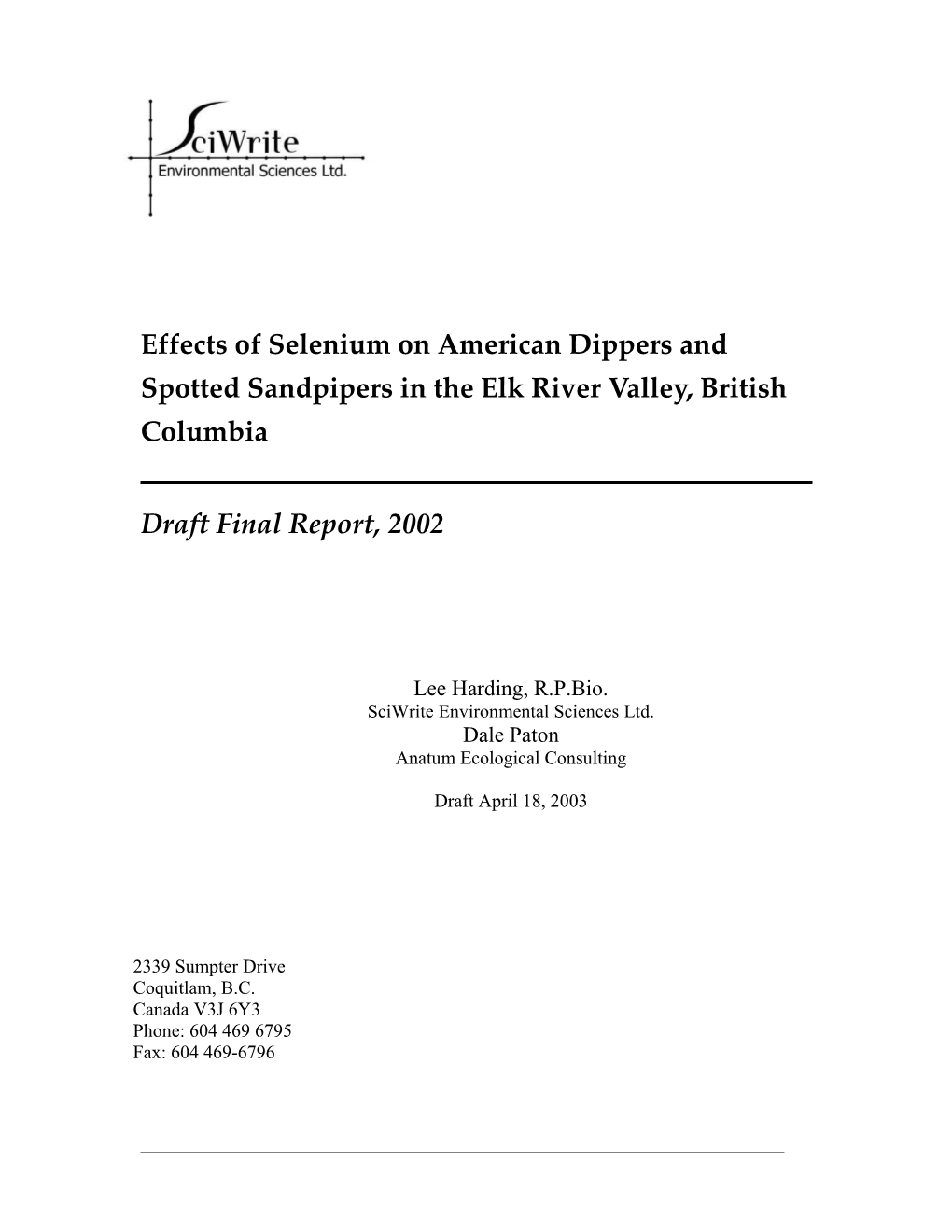 Effects of Selenium on American Dippers and Spotted Sandpipers in the Elk River Valley