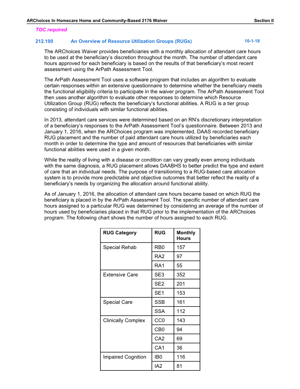 Proposed ARCHOICES-1-18 Provider Manual Update