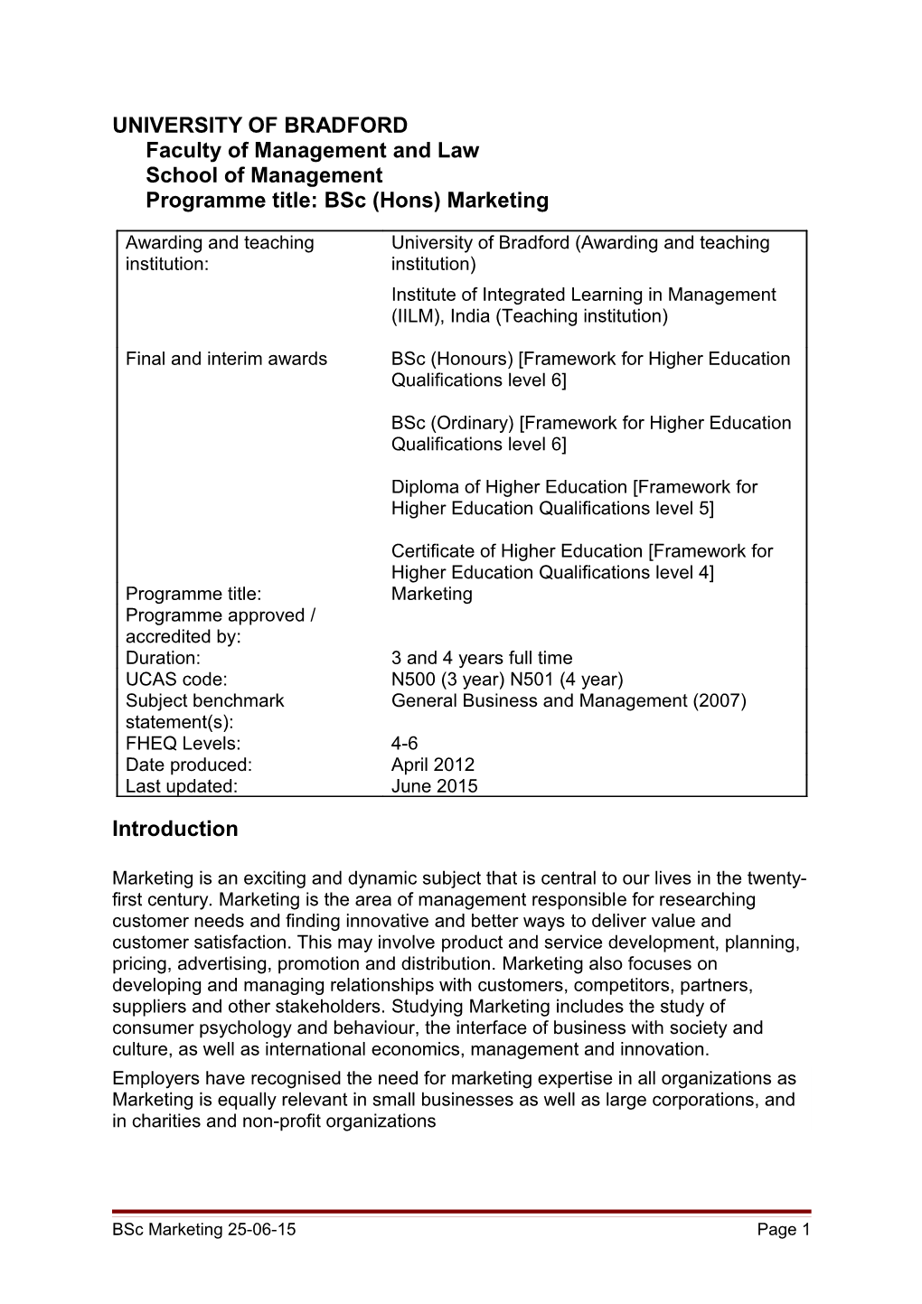 UNIVERSITY of Bradfordfaculty of Management and Lawschool of Managementprogramme Title