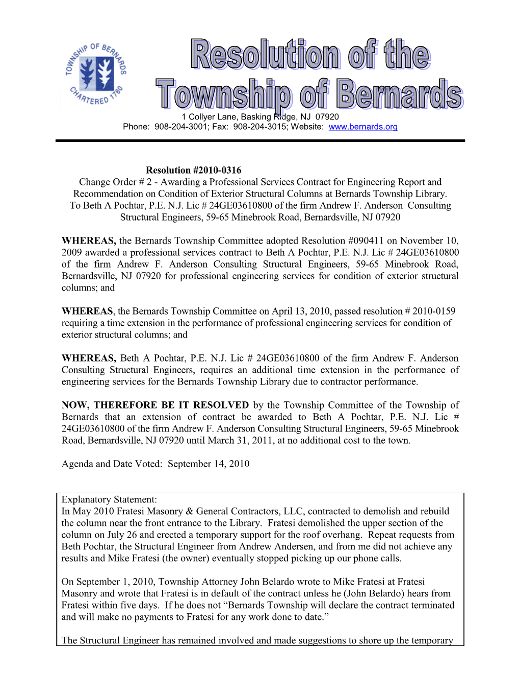 Change Order # 2 - Awarding a Professional Services Contract for Engineering Report And