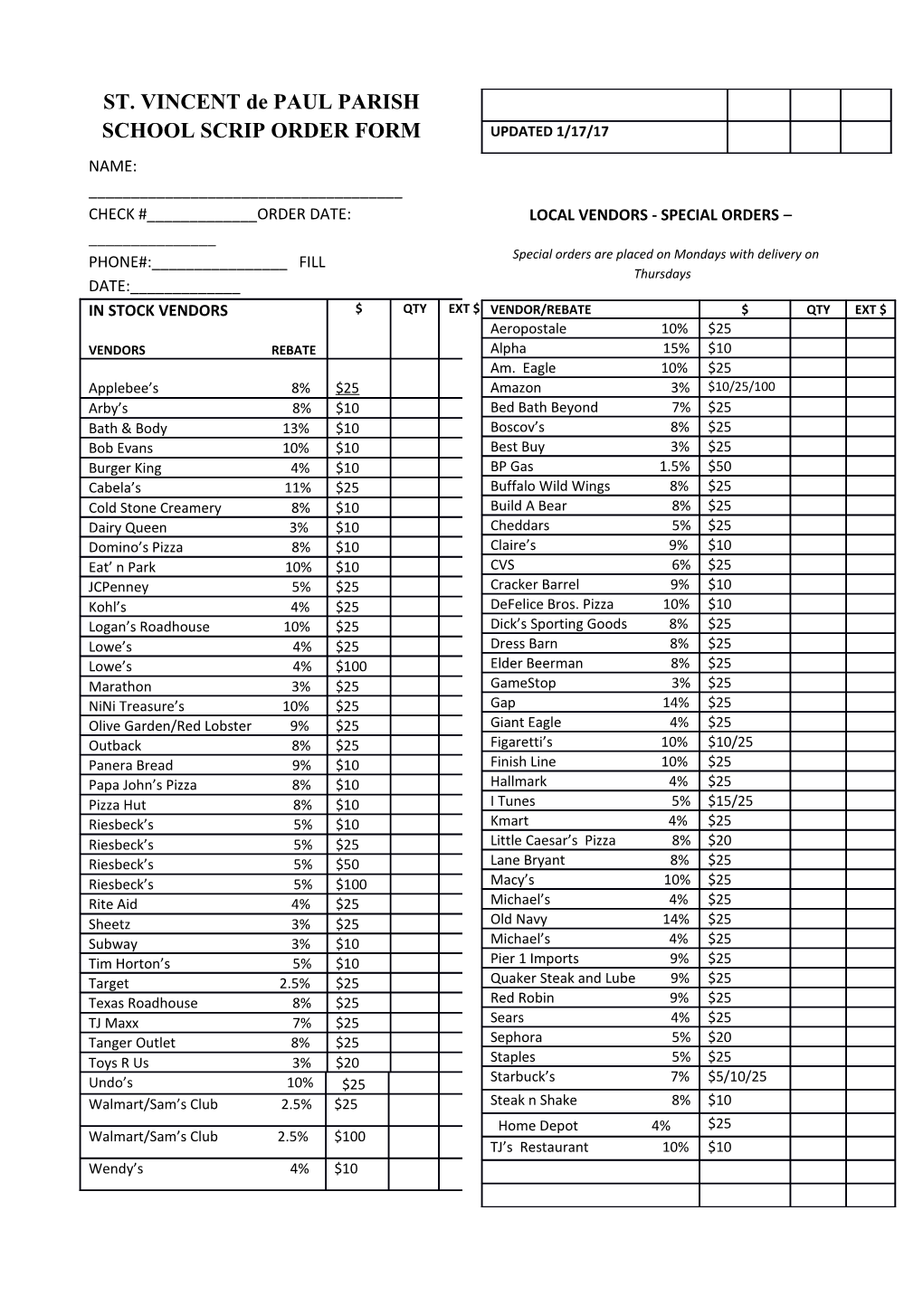 ST. VINCENT De PAUL PARISH SCHOOL SCRIP ORDER FORM