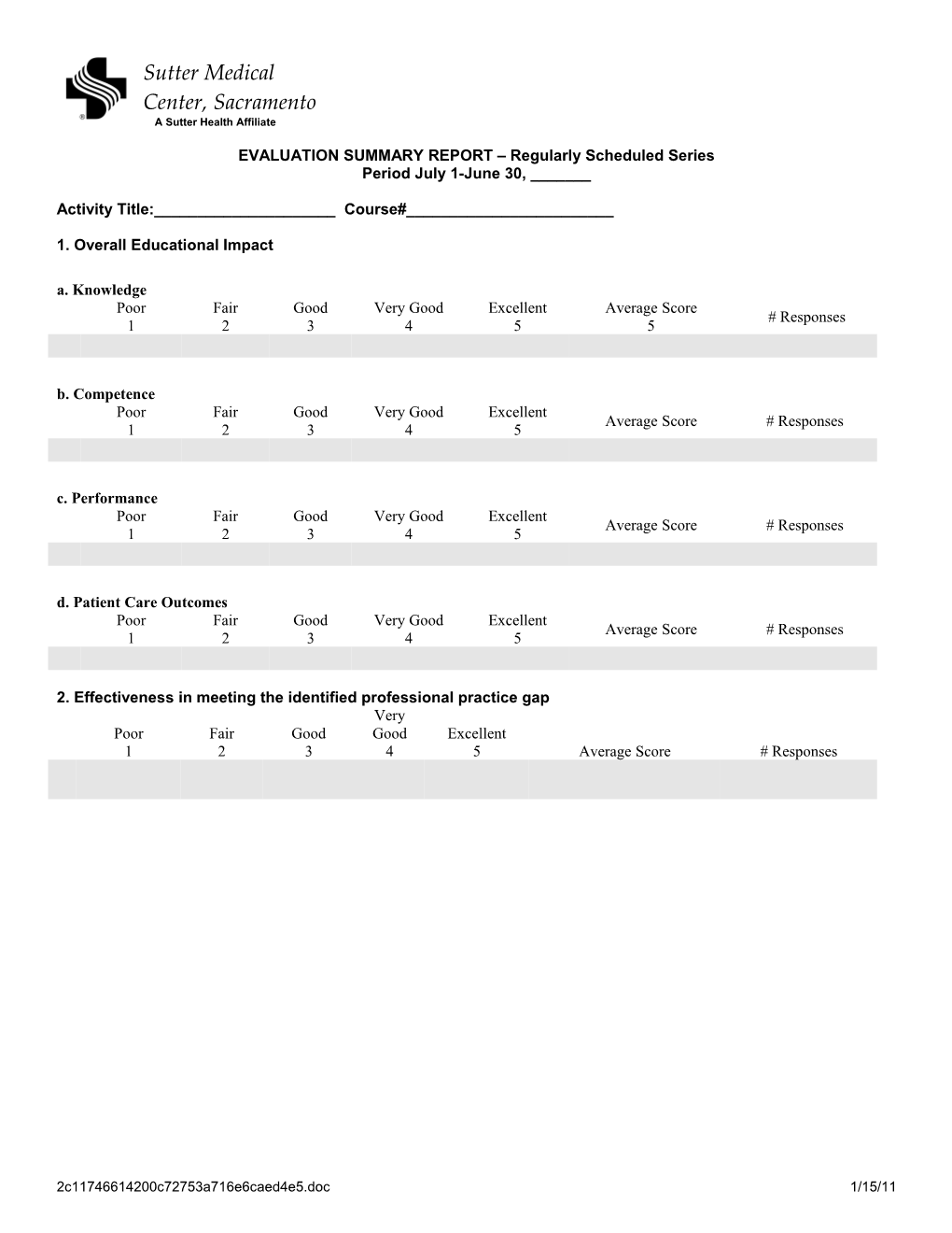 EVALUATION SUMMARY REPORT Regularly Scheduled Series