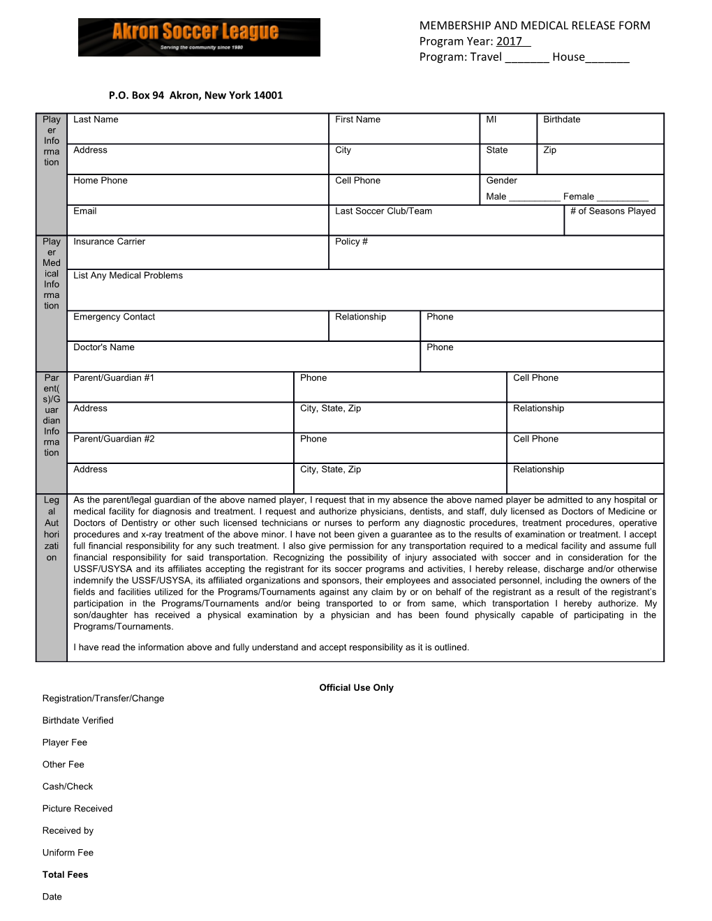 Membership and Medical Release Form