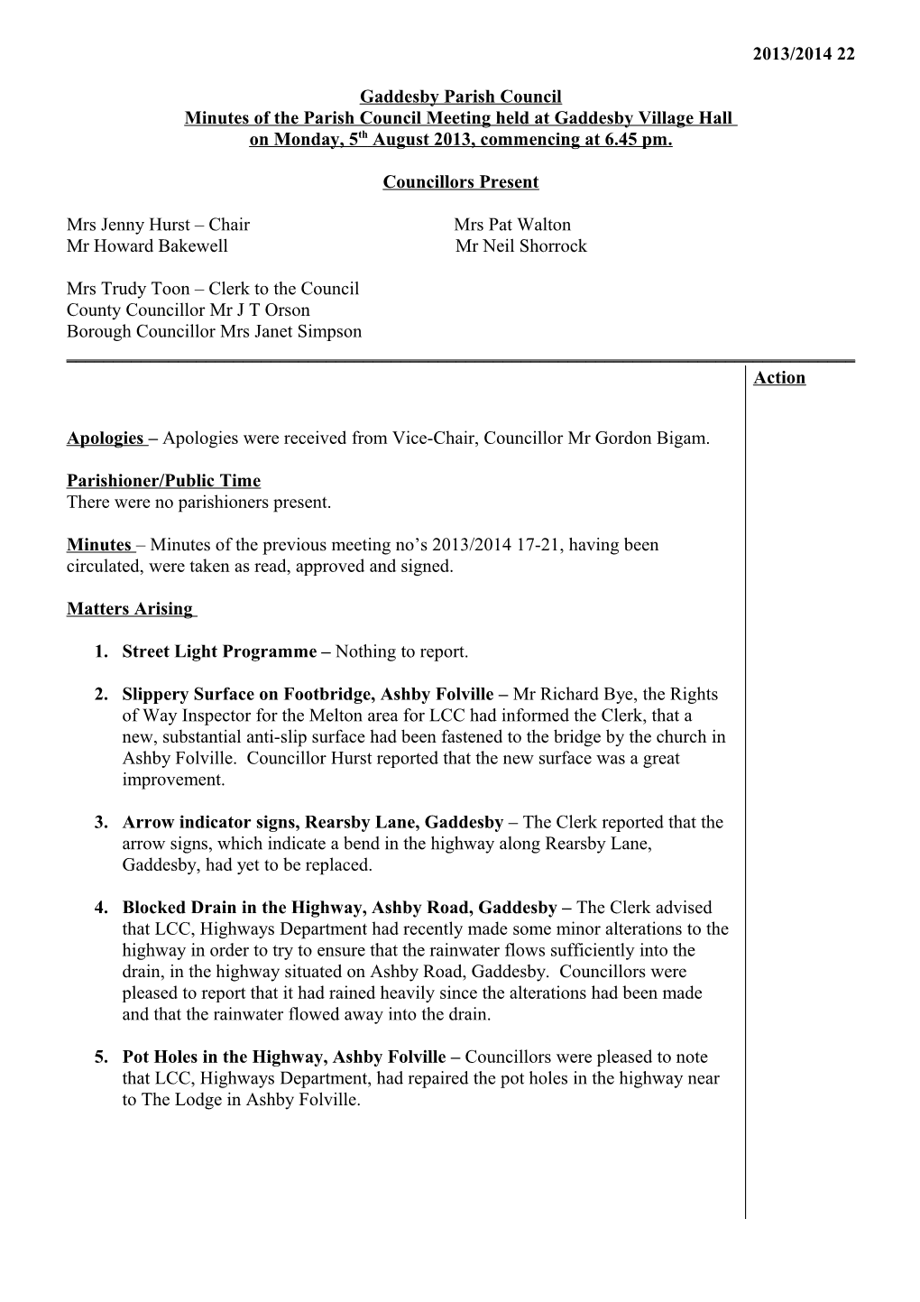 Minutes of the Parish Council Meeting Held at Gaddesby Village Hall