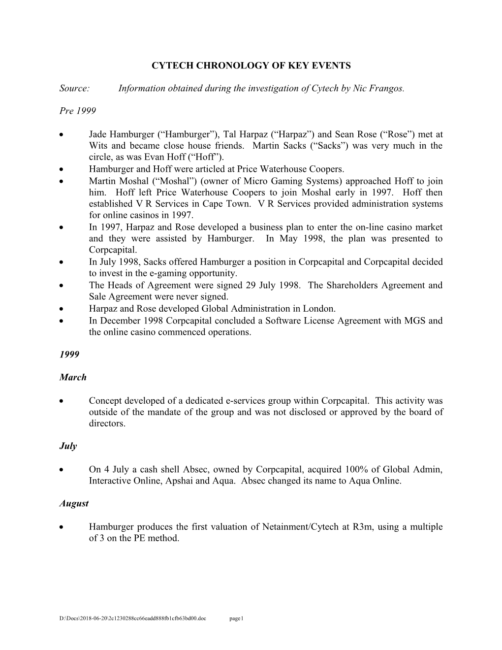 Cytech Chronology of Key Events