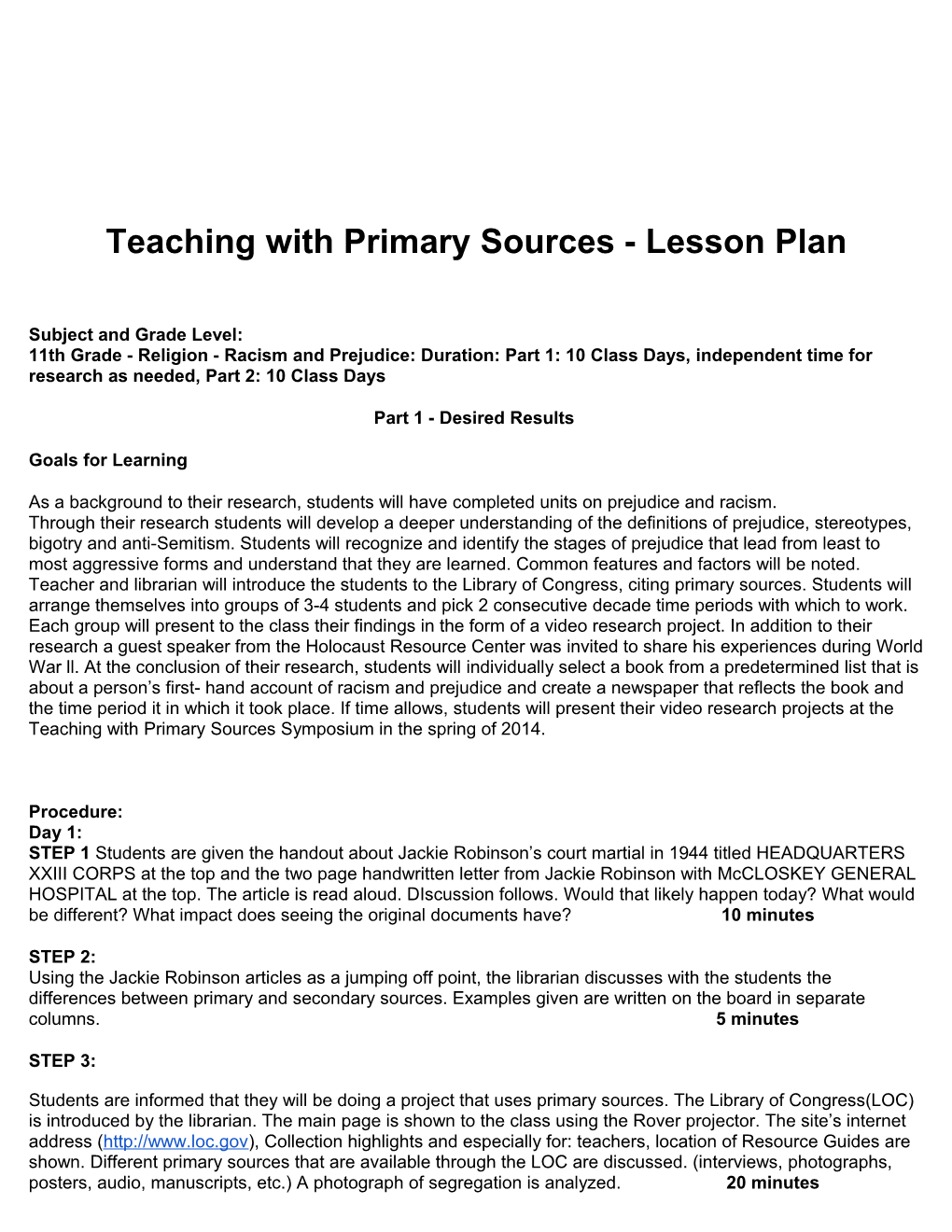 Teaching with Primary Sources - Lesson Plan