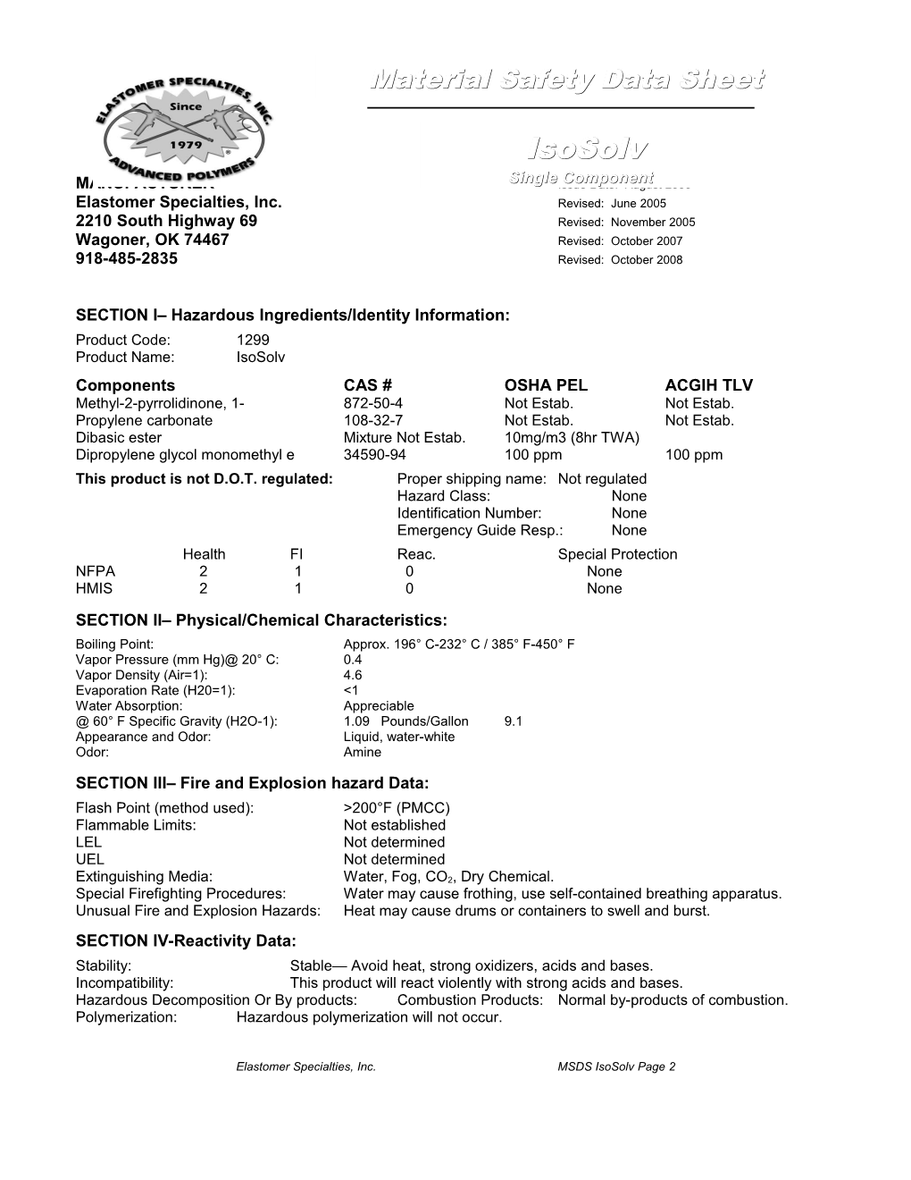 SECTION I Hazardous Ingredients/Identity Information