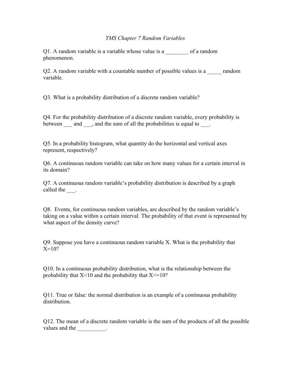 YMS Chapter 7 Random Variables