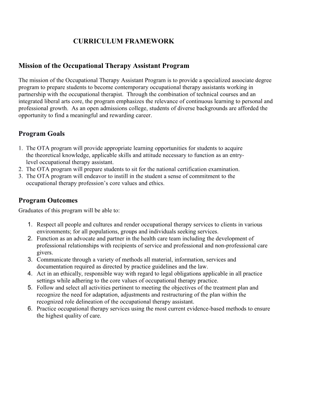 Mission of the Occupational Therapy Assistant Program