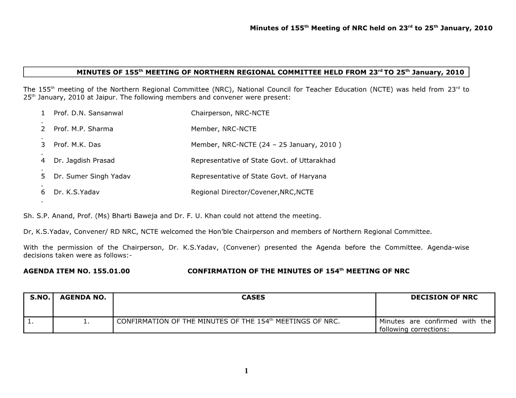 MINUTES of 155Th MEETING of NORTHERN REGIONAL COMMITTEE HELD from 23Rd to 25Th January, 2010