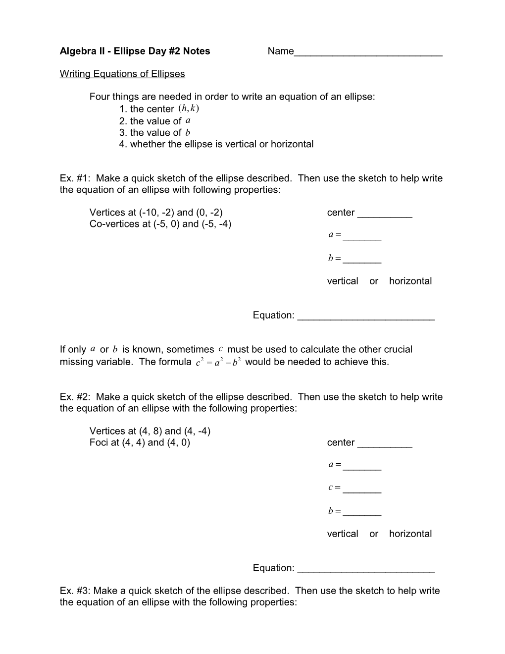 Algebra II-Ellipses (Day 2)