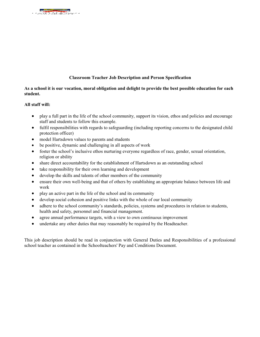 Classroom Teacher Job Description and Person Specification