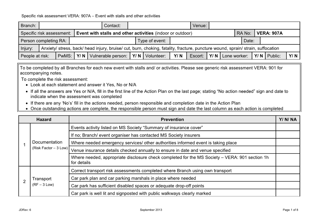 Specific Risk Assessment VERA: 907A Event with Stalls and Other Activities