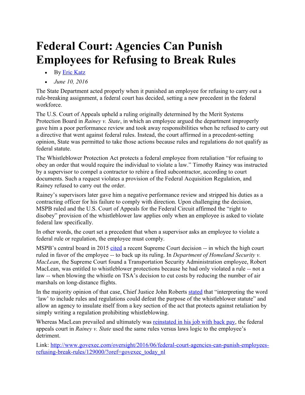 Federal Court: Agencies Can Punish Employees for Refusing to Break Rules