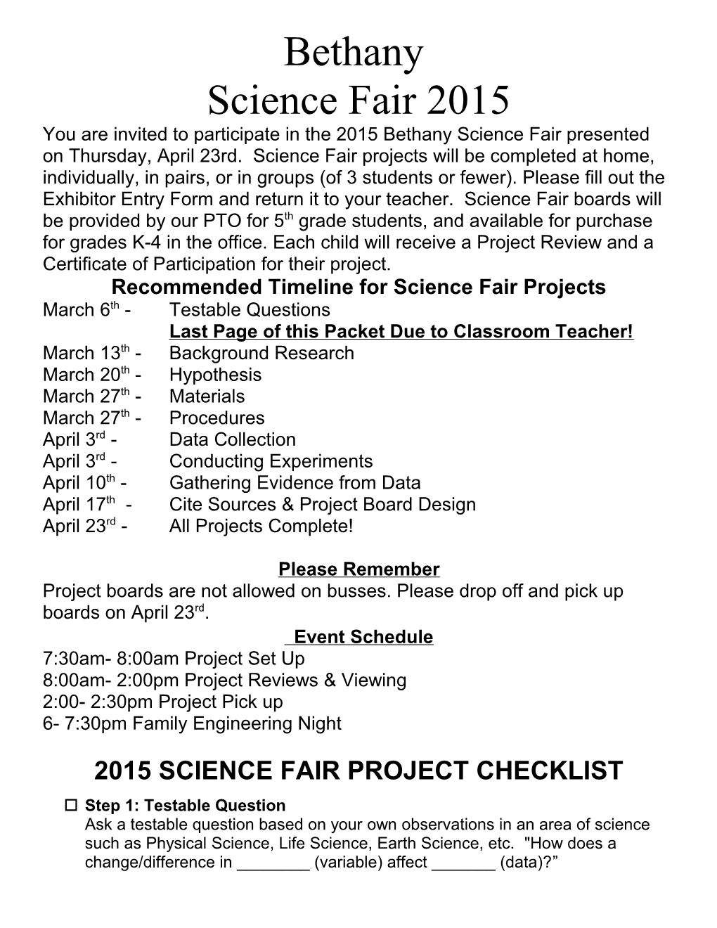 Recommended Timeline for Science Fair Projects