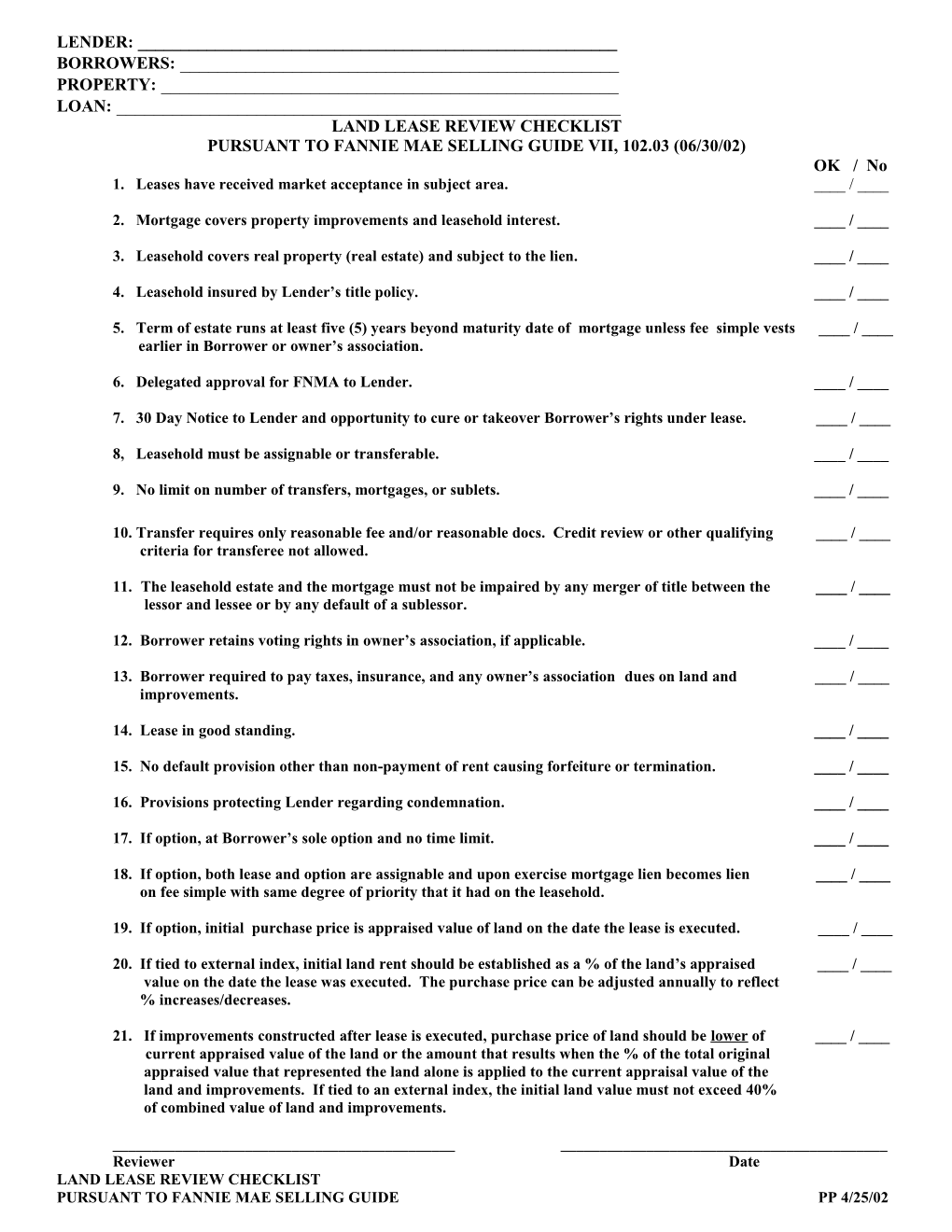 Land Lease Review Checklist