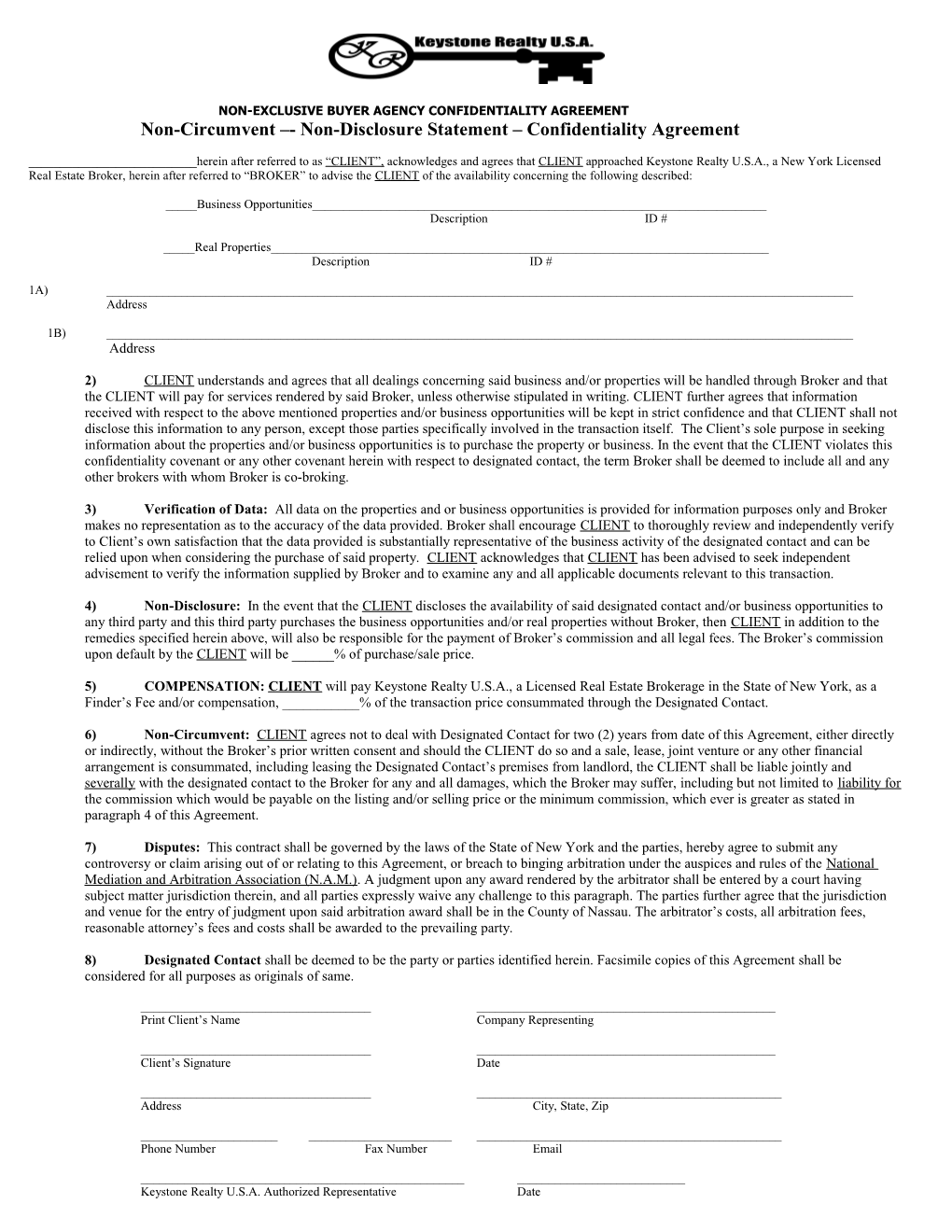 Non-Exclusive Buyer Agency Confidentiality Agreement