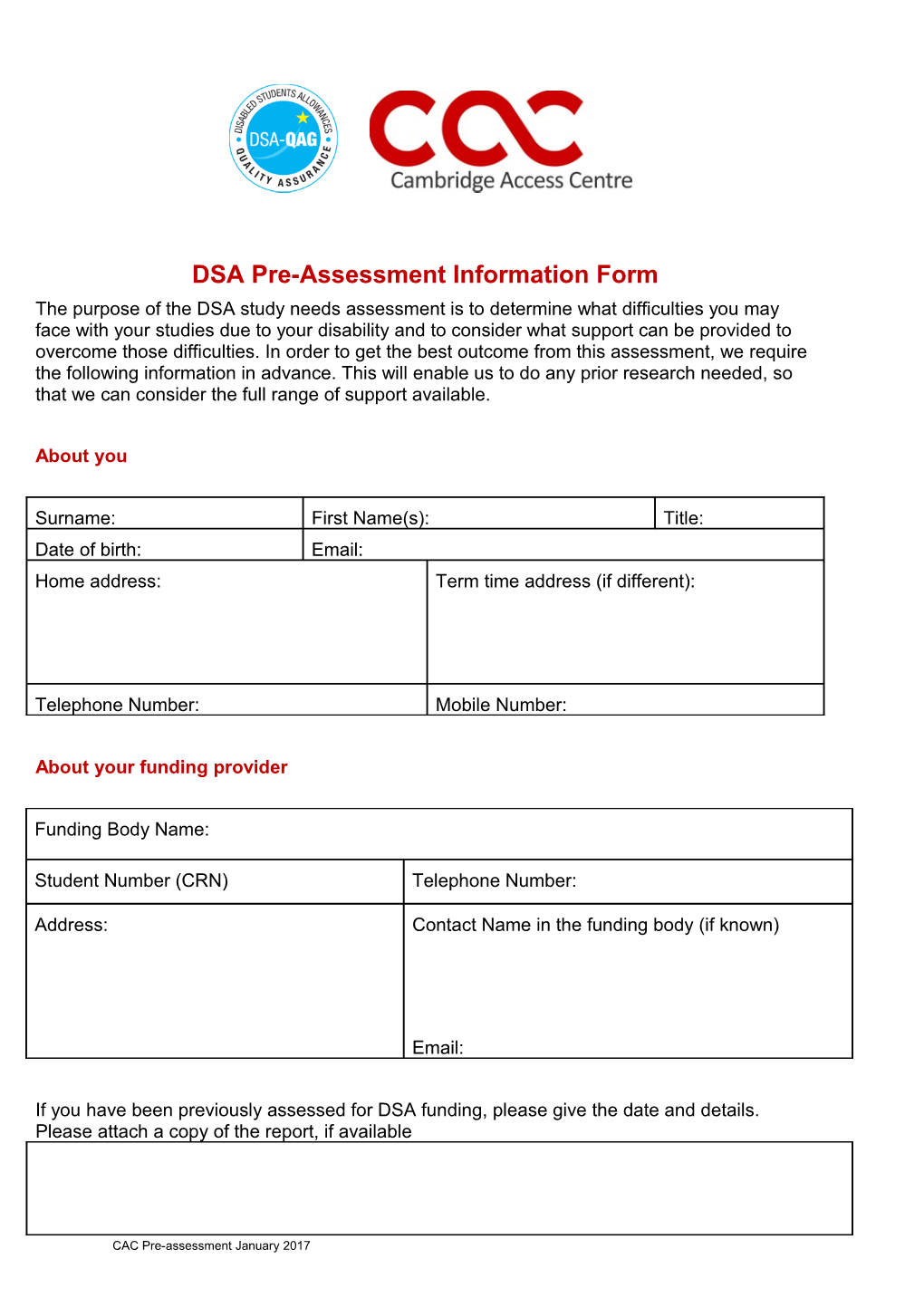 DSA Pre-Assessment Information Form