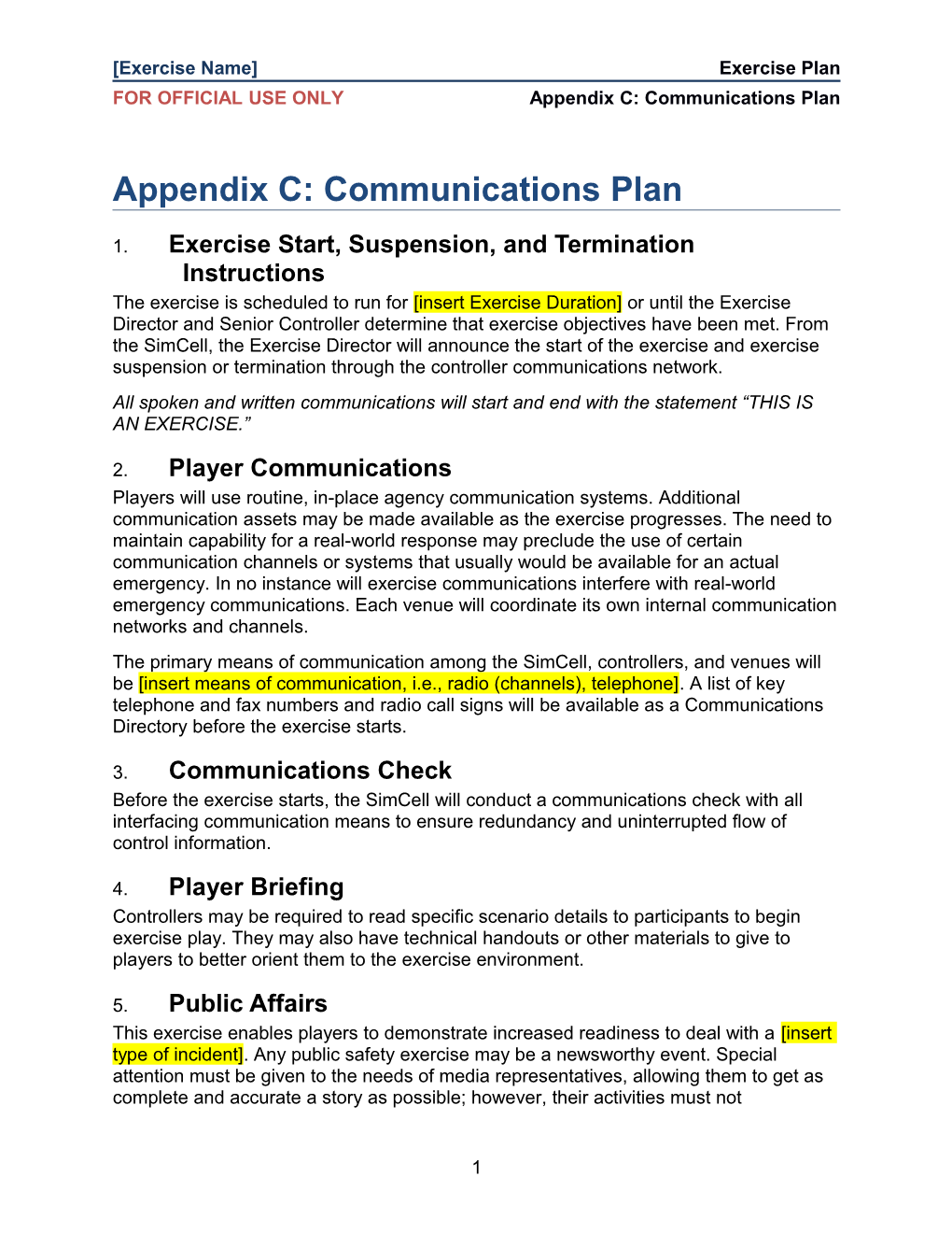 Exercise Plan Template Appendix C-Communications Plan