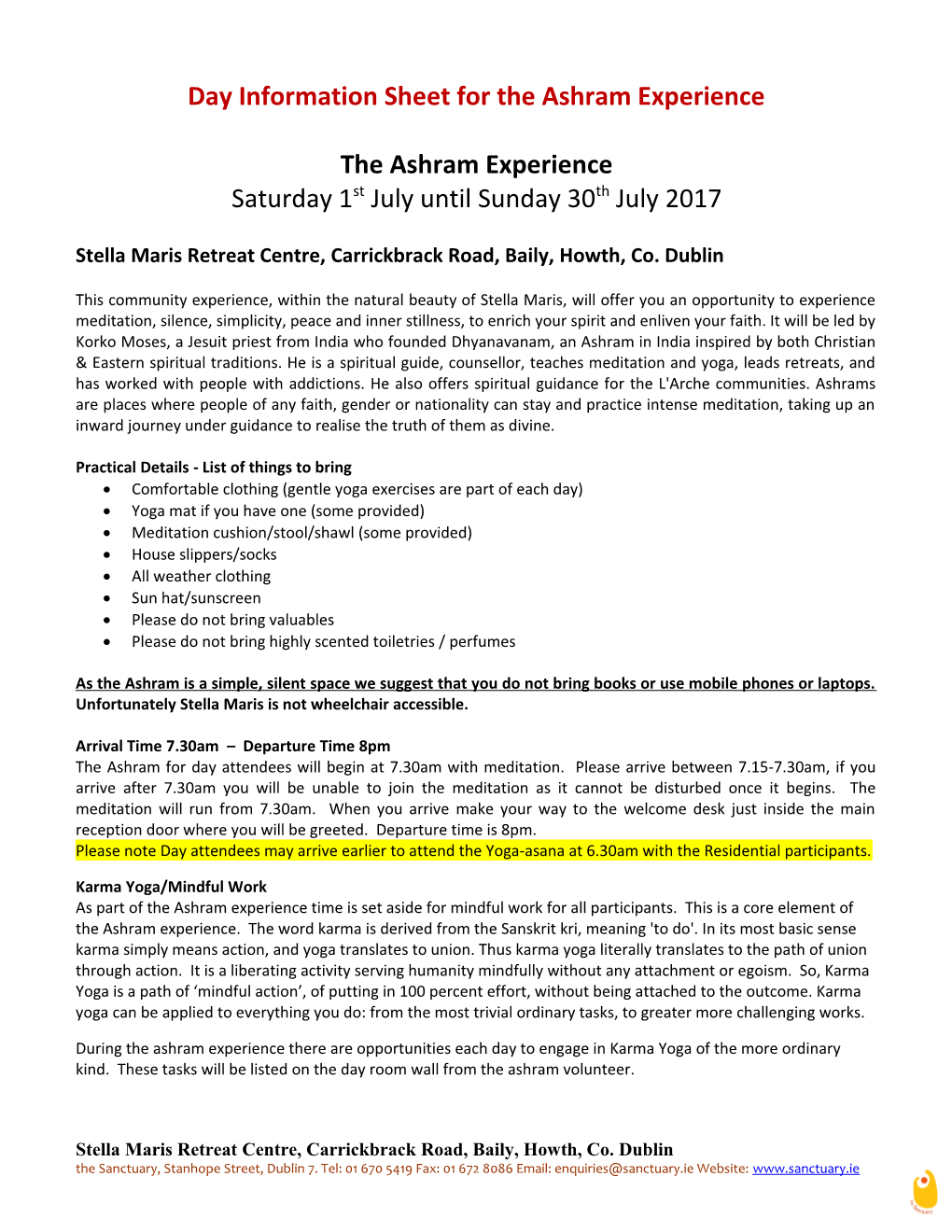 Information Sheet for the Ashram Experience