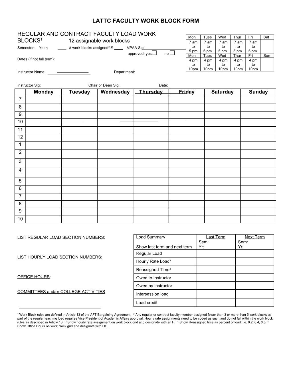 Regular and Contract Faculty Load Work Blocks1