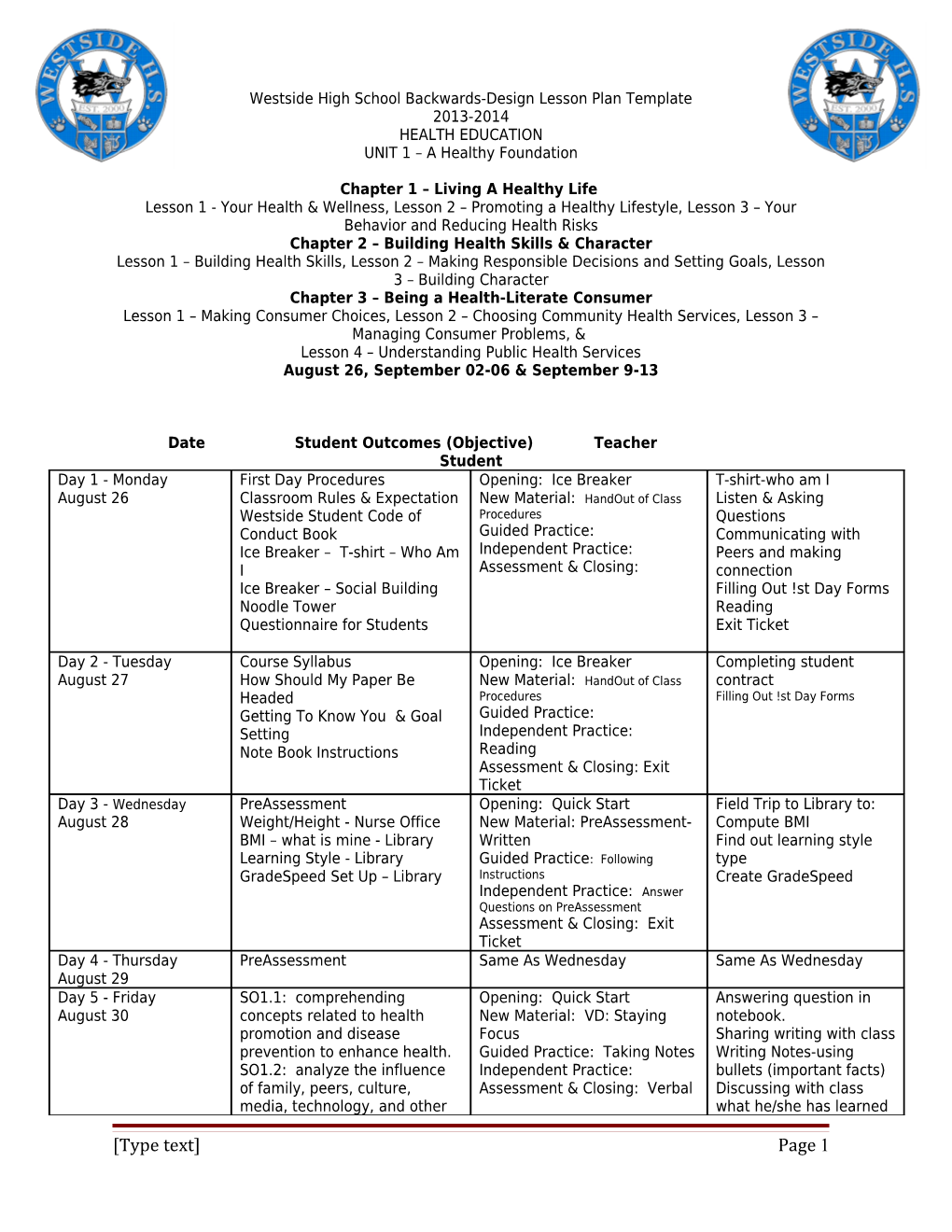 Westside High School Backwards-Design Lesson Plan Template