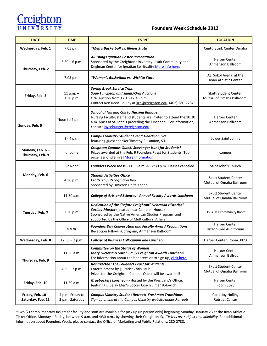 Founders Week Schedule 2012