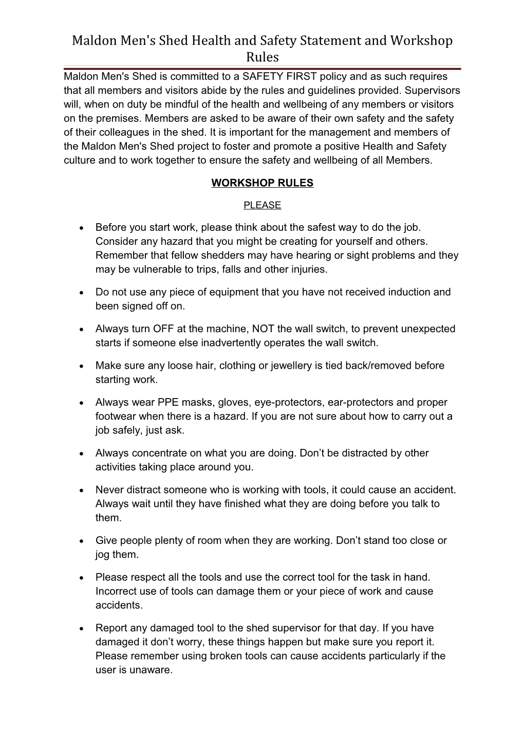 Maldon Men's Shed Health and Safety Statement and Workshop Rules