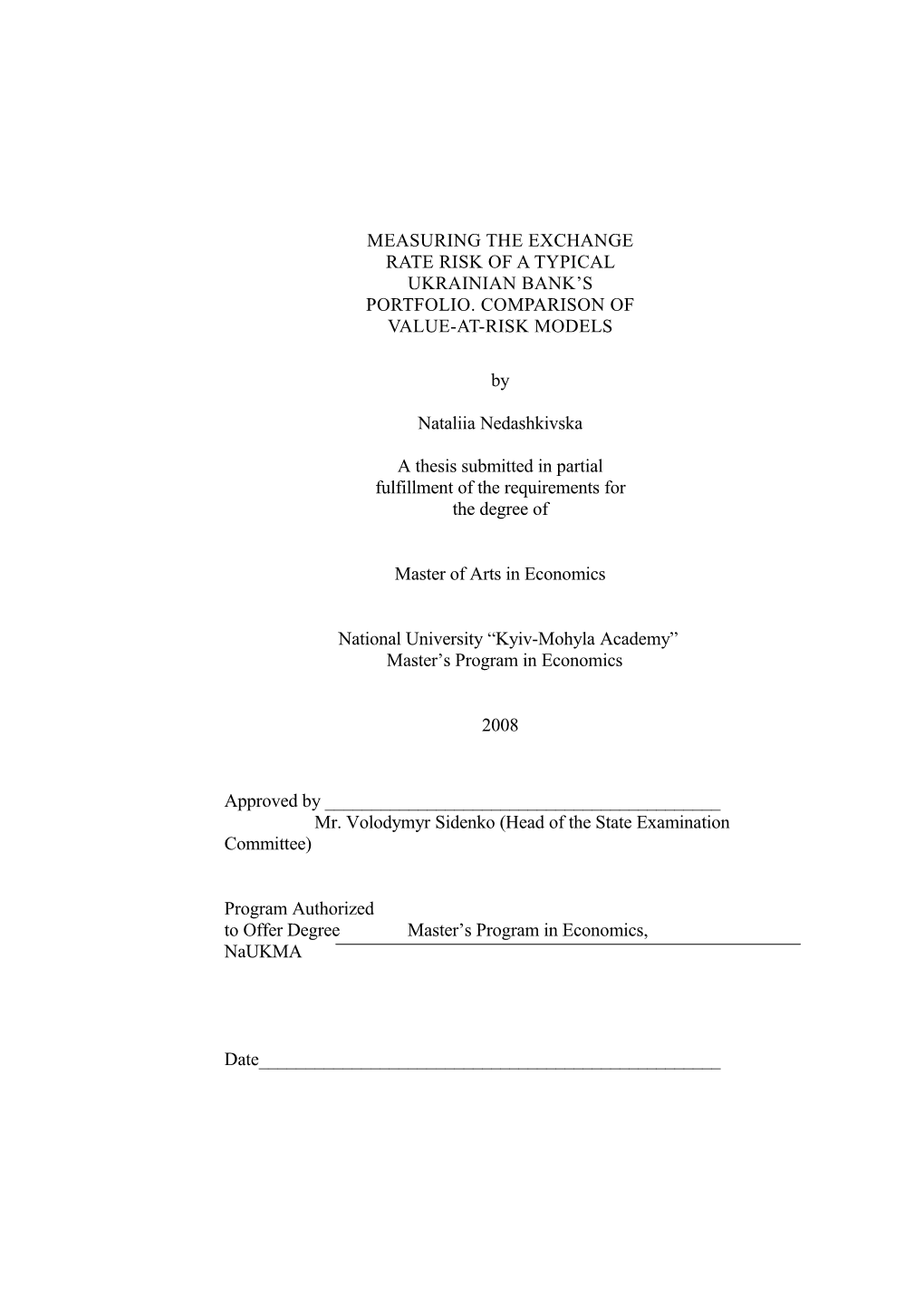 A Thesis Submitted in Partial Fulfillment of the Requirements for the Degree Of