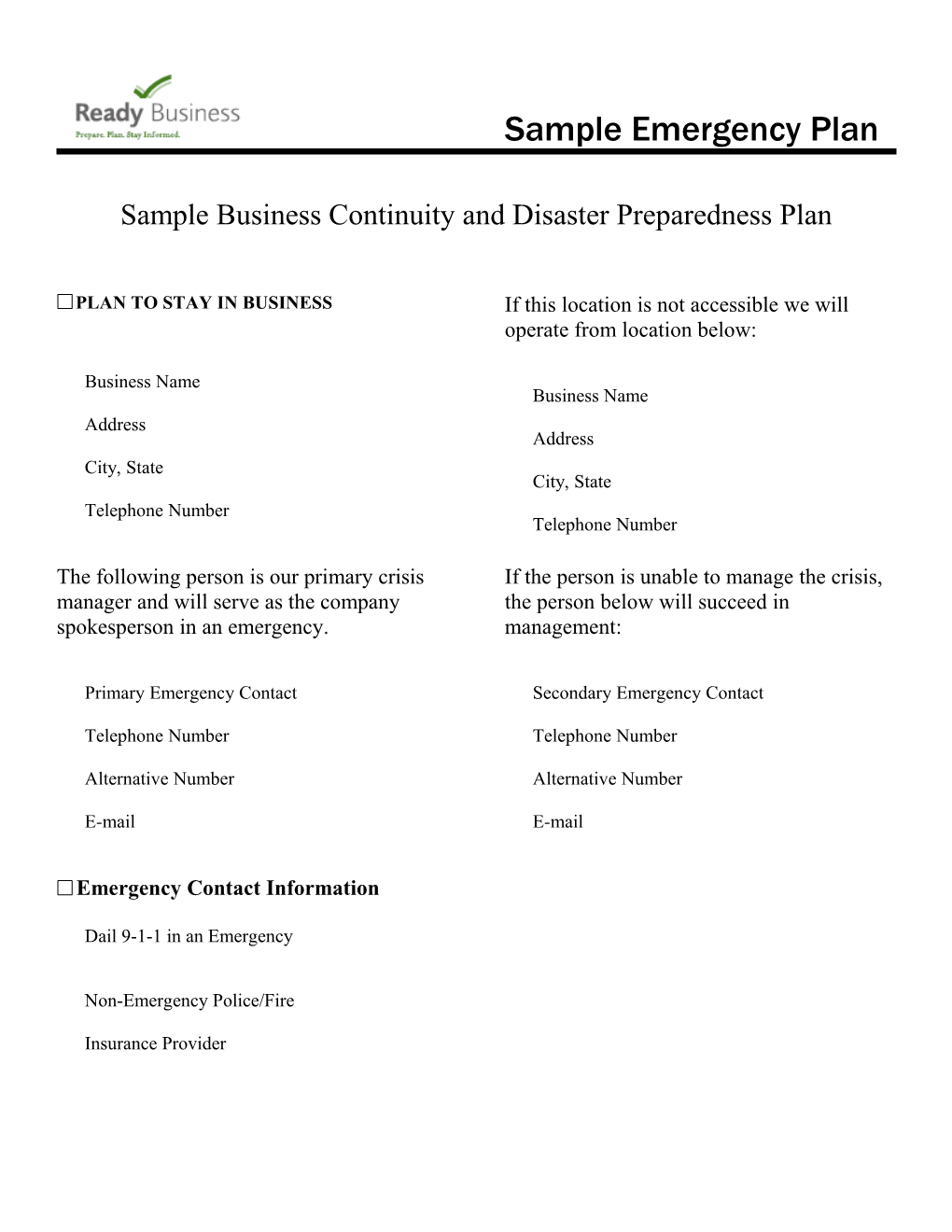 Sample Business Continuity and Disaster Preparedness Plan