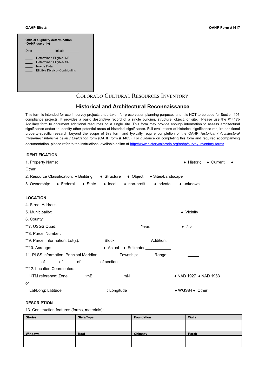 Architectural Inventory Form - Word Version