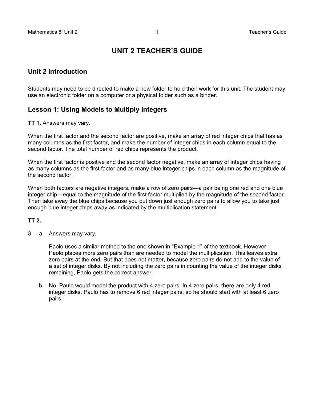 Mathematics 8: Unit 2 17 Teacher S Guide