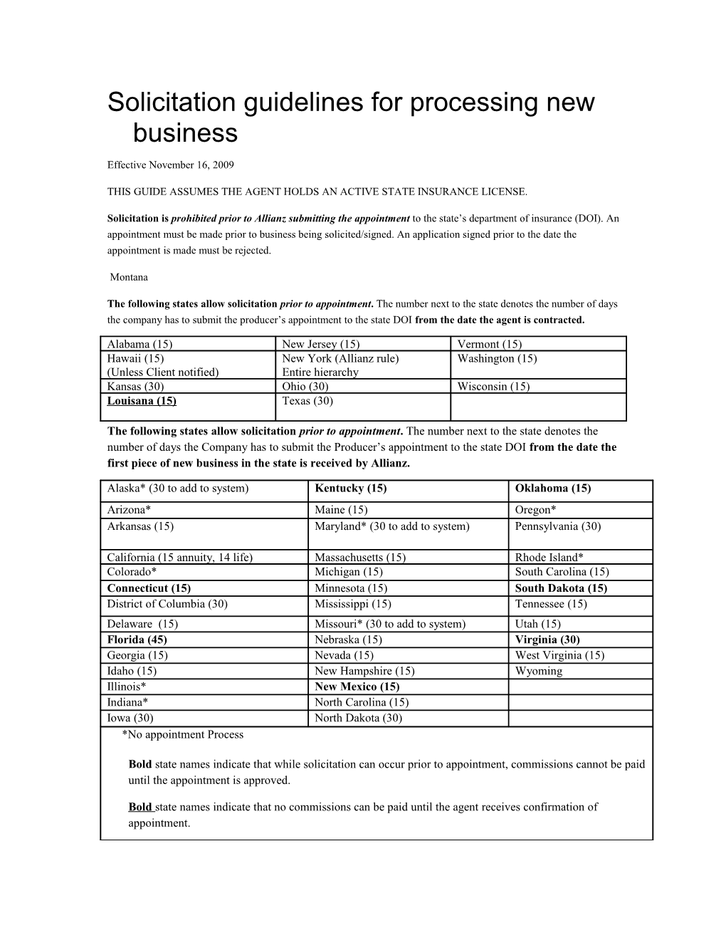 Solicitation Guidelines for Processing New Business