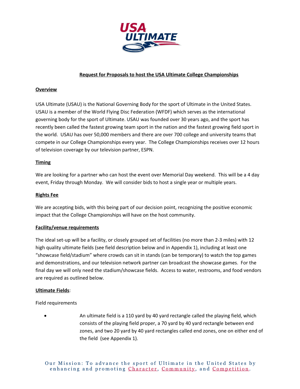Request for Proposals to Host the USA Ultimate College Championships