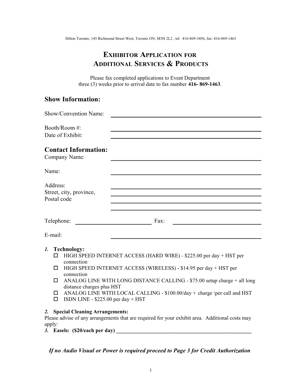 Exhibitor Application for Internet and Telephone Capabilites