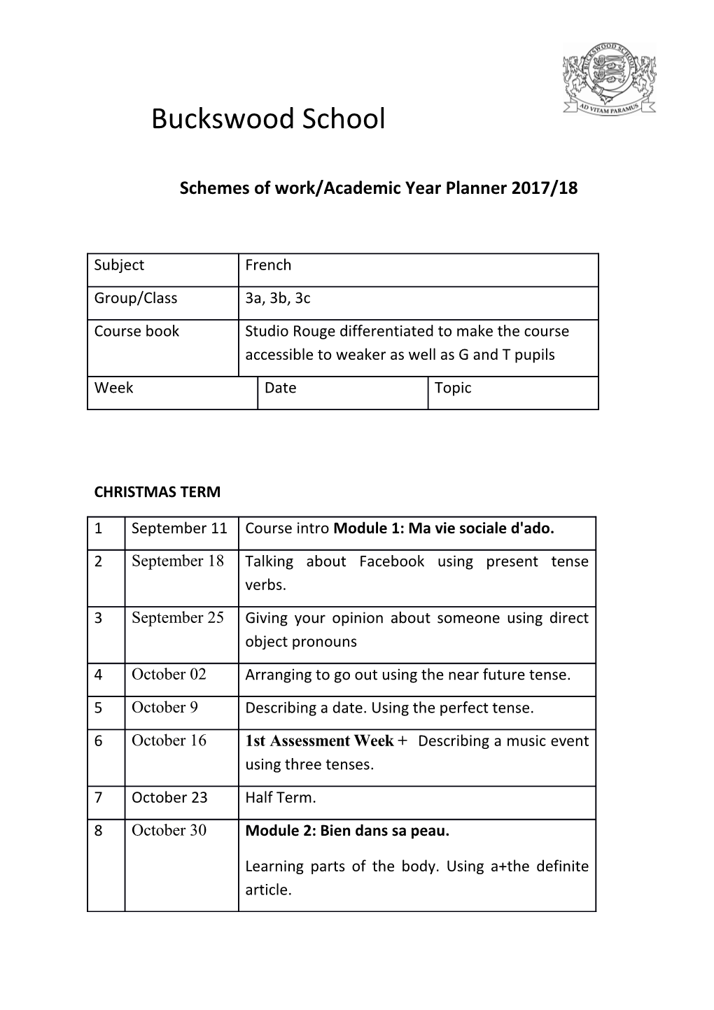 Schemes of Work/Academic Year Planner 2017/18