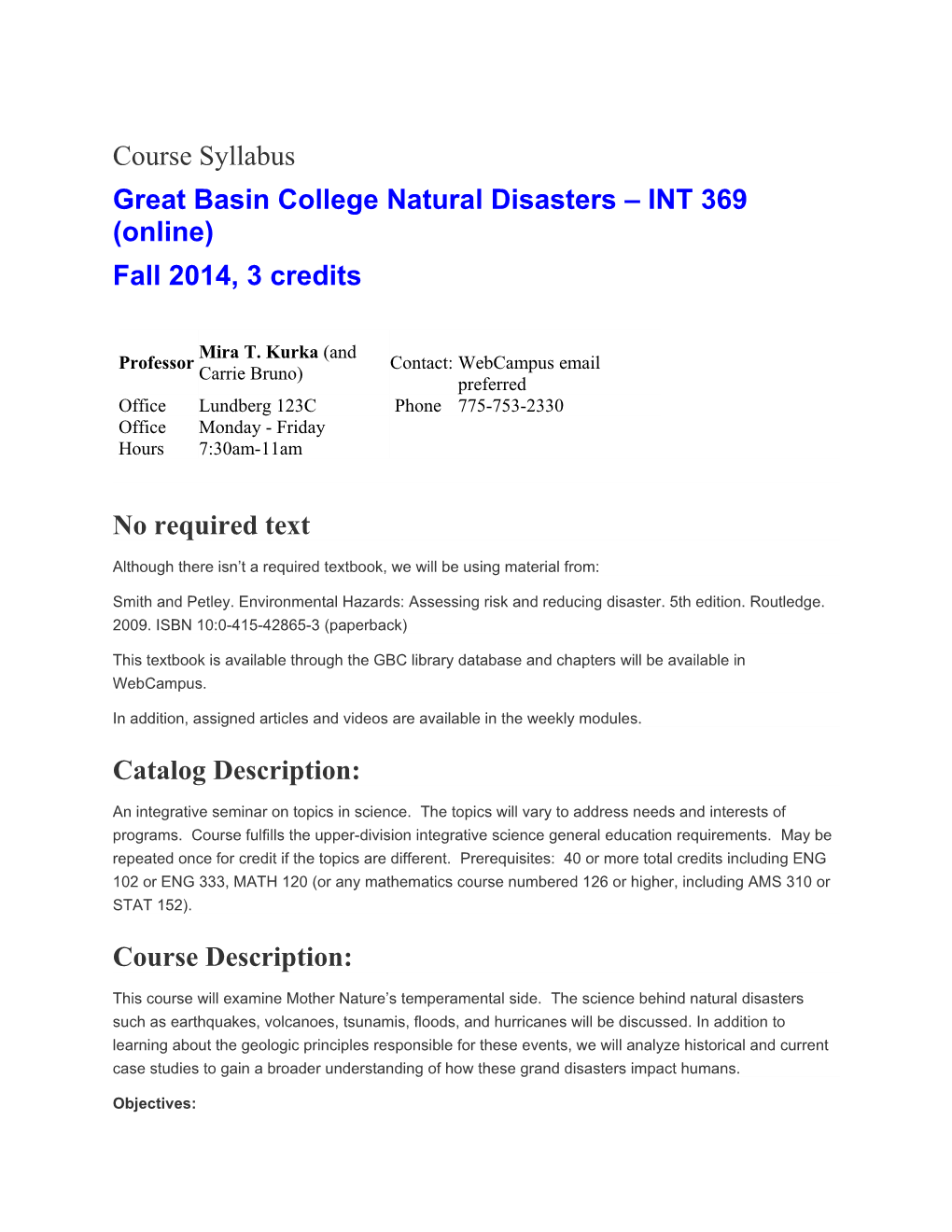 Great Basin Collegenatural Disasters INT 369 (Online)