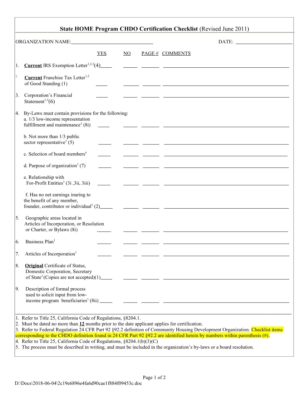 State HOME Program CHDO Certification Checklist (Revised June 2011)