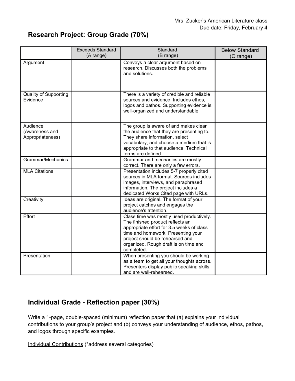 Research Project: Group Grade (70%)